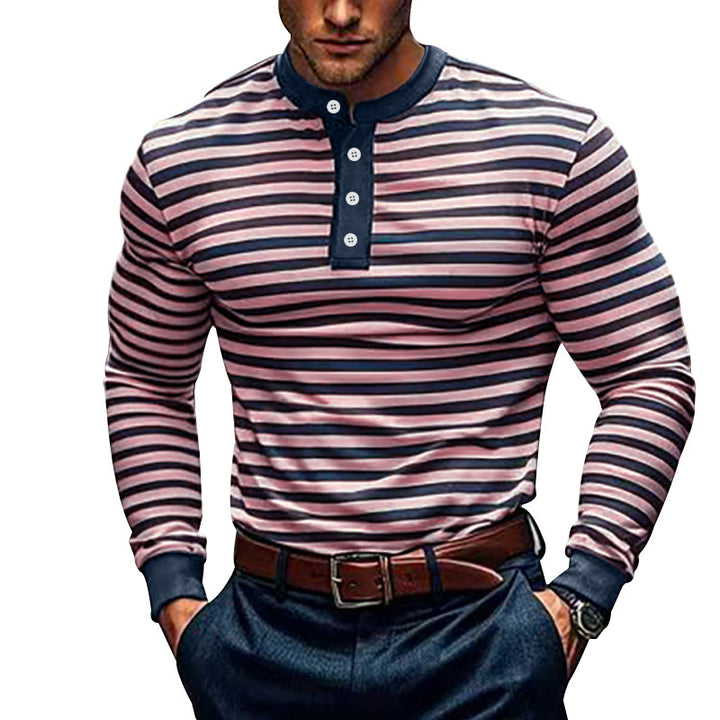Men's Long Sleeve Henley T-shirt with Fine Striped Pattern and Modern Collar Lune London