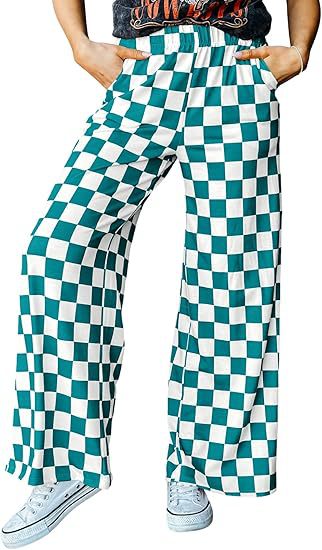 Women's Checkered Palazzo Pants with Elastic Waistband and Practical Side Pockets Chic und Stil