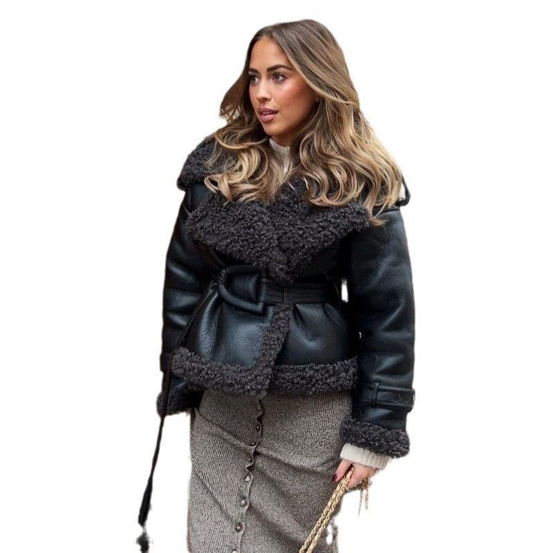 Faux leather jacket for women with plush lining and stylish belt Lune London