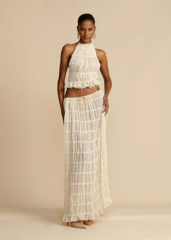 Maxi dress for women with gathered bodice and elegant cut at the waist Chic & Stil