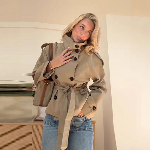 Trendy women's trench coat with waist belt and high collar Lune London