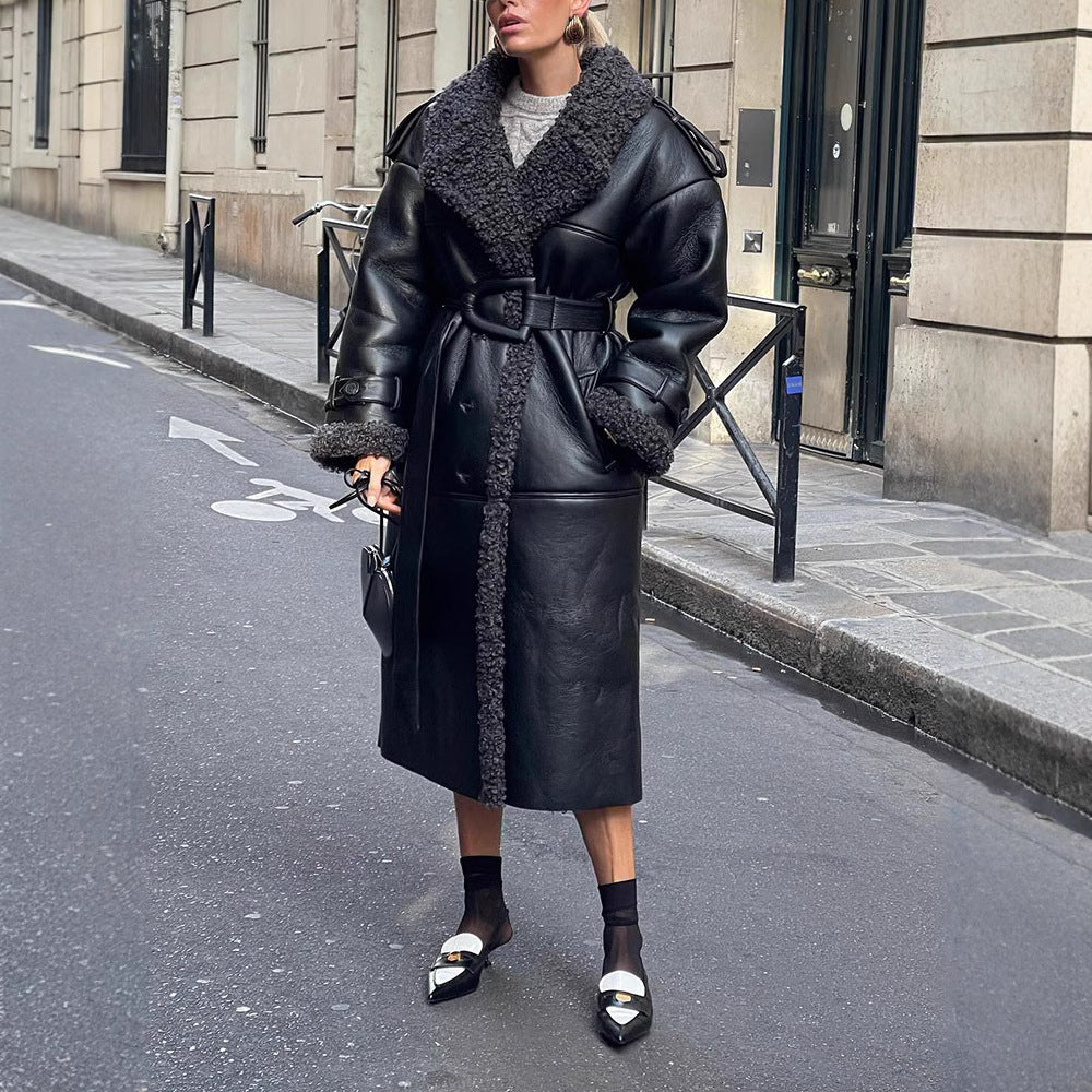 Synthetic leather coat for women with known collar and belt Lune London