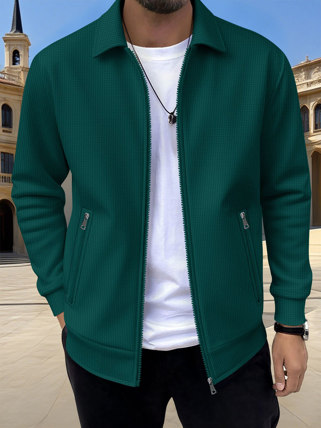 Fashionable casual men's leisure jacket with relaxed fit and practical zippered pockets Lune London