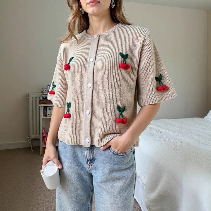 Women's knitted jacket with decorative cherry pattern and pockets Lune London