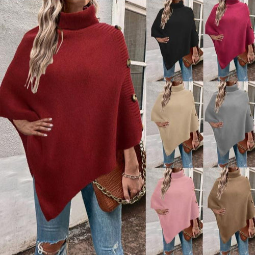 Ladies knitted poncho with high collar and button details Lune London