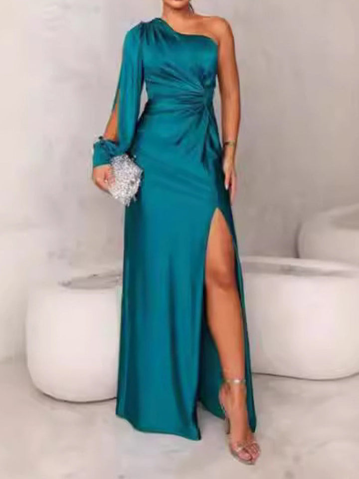 Women's Evening Dress with Asymmetric Neckline and Elegant Pleats Lune London