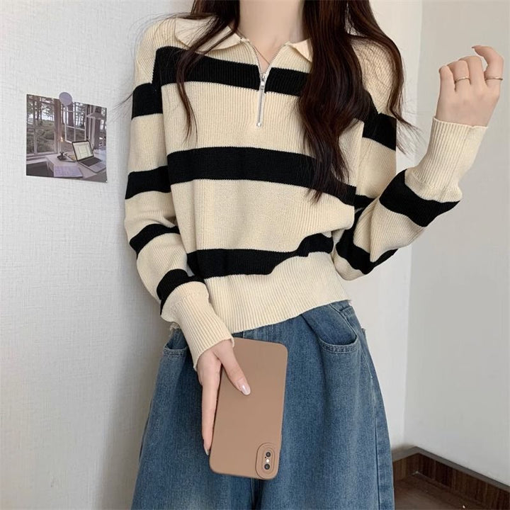 Pull en tricot pour femmes avec zip et motif à rayures Chic & Stil