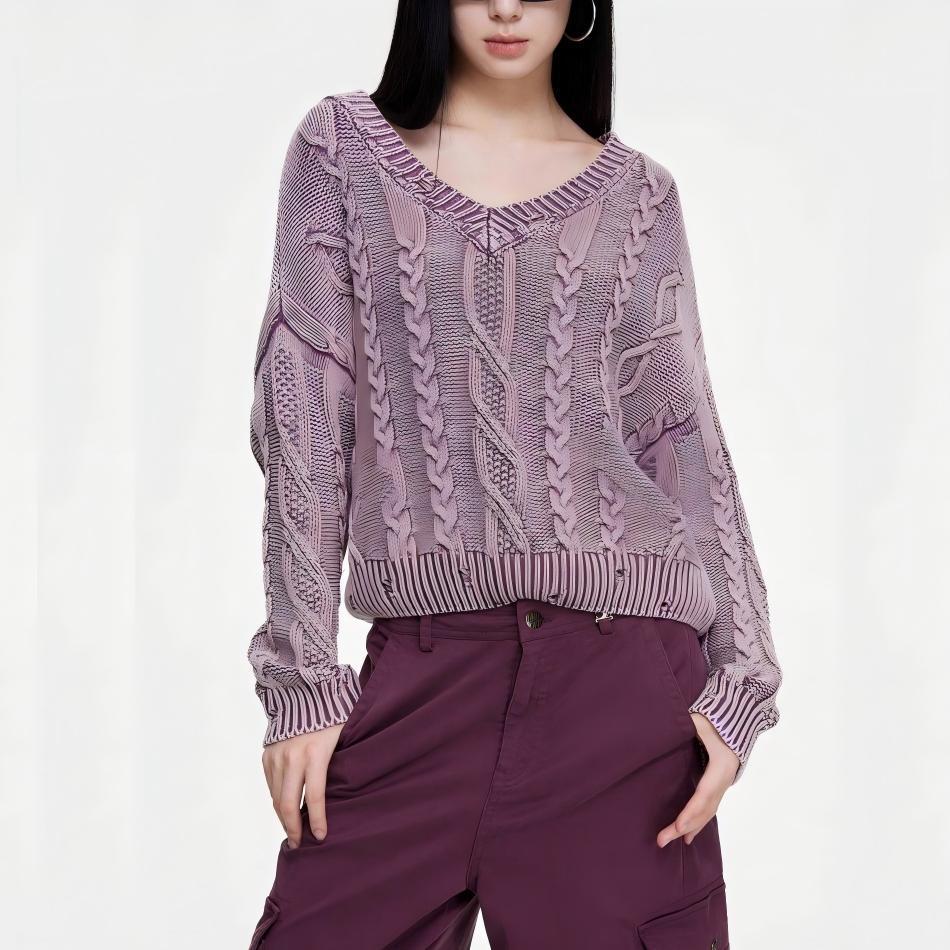 Pull en maille épaisse pour femmes avec un décolleté en V profond et un motif en côtes Chic & Stil