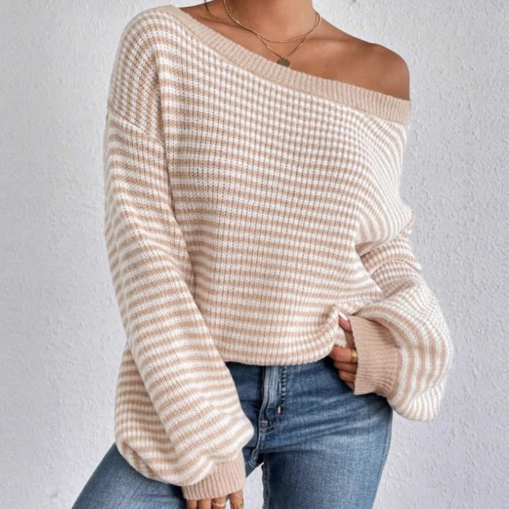 Oversized knitted sweater for women with V-neck design and striped pattern Lune London