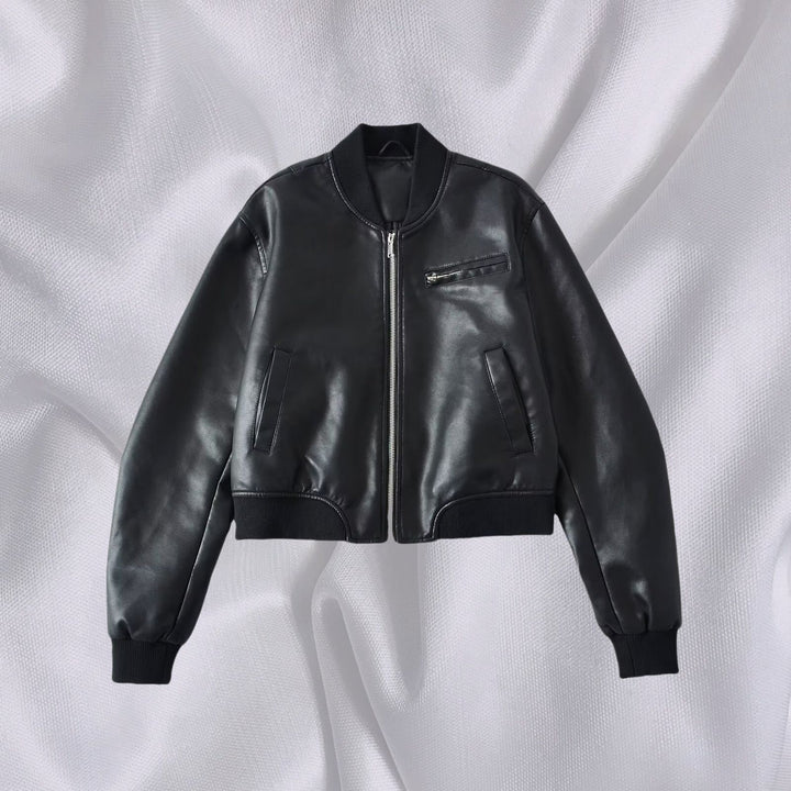 Faux leather bomber jacket for women with elastic finish and practical pockets Lune London