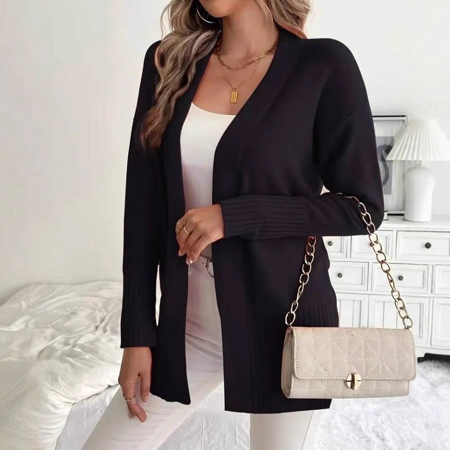 Ladies Long Knit Cardigan with fine ribbed details and a relaxed fit Lune London