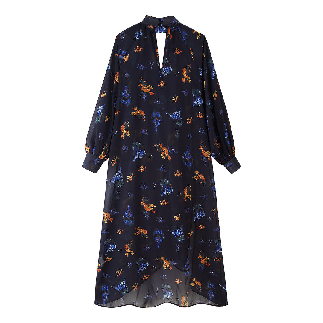 Maxi dress for women with elegant high collar and printed floral design Lune London
