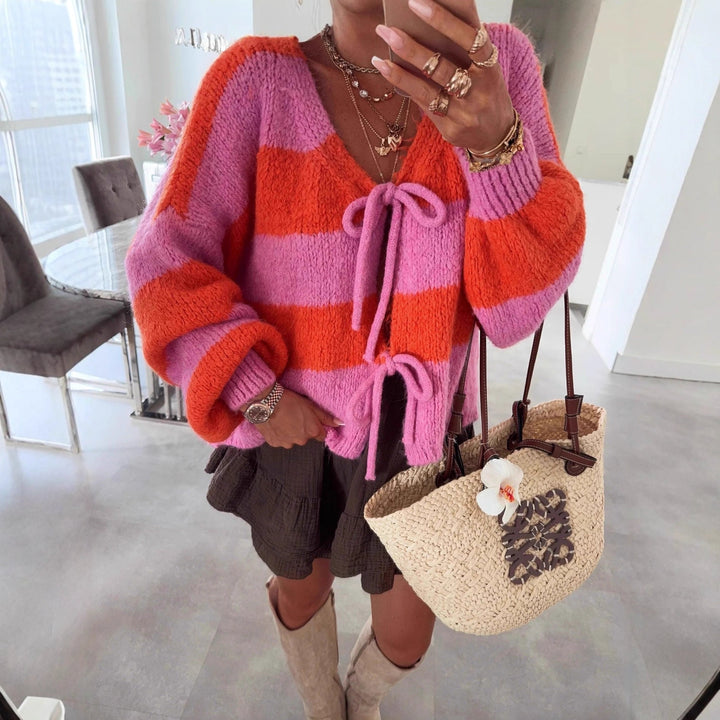 Lune London | Women's loose cardigan with wide stripes and tie belt