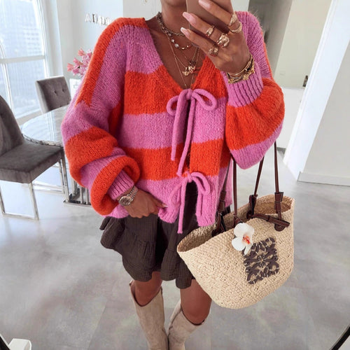 Lune London | Women's loose cardigan with wide stripes and tie belt