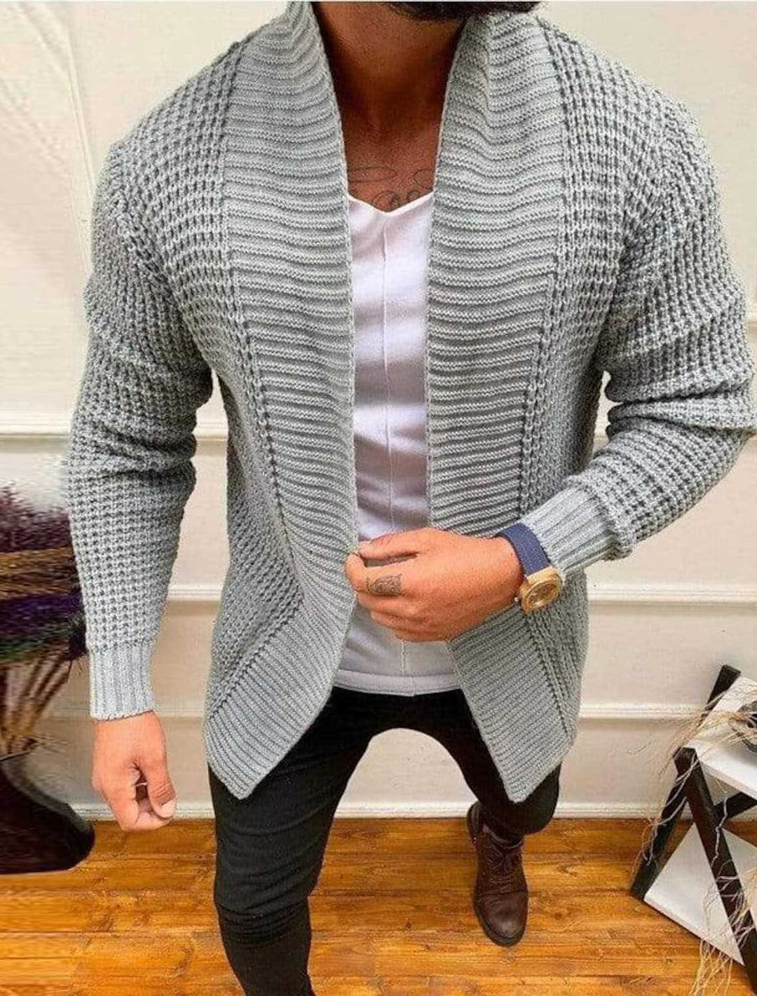 Men's knitted jacket with open design and deep collar Lune London