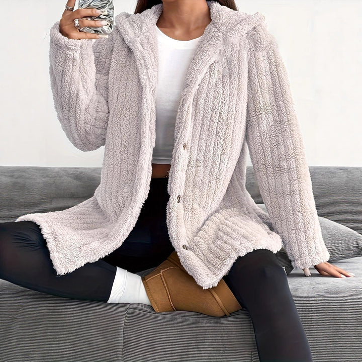 Ladies Cozy Hooded Jacket with Chic and Stylish Button Details