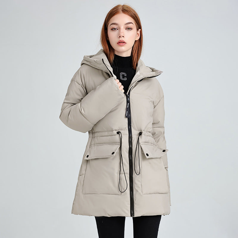 Insulated parka jacket for women with adjustable waist drawstring and practical pockets Lune London