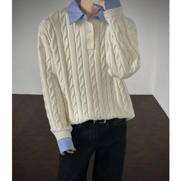 Knit sweater for women with high-quality cable pattern and collar Lune London