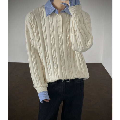 Knit sweater for women with high-quality cable pattern and collar Lune London