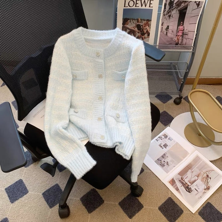 Ladies soft structured knit jacket with button detail and pockets Lune London