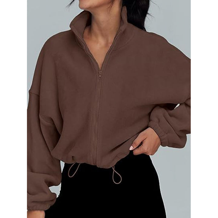 Trendy oversized zip-up pullover for ladies with high collar and drawstring Lune London