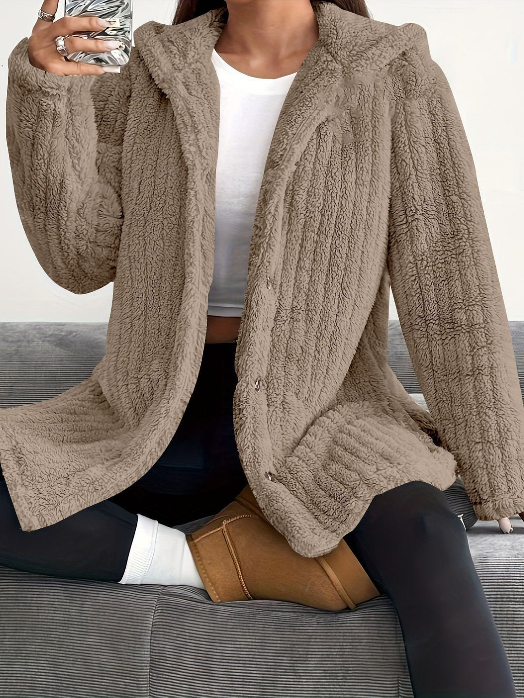 Ladies Cozy Hooded Jacket with Chic and Stylish Button Details