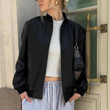 Chic Urban Style Synthetic Leather Bomber Jacket for Women