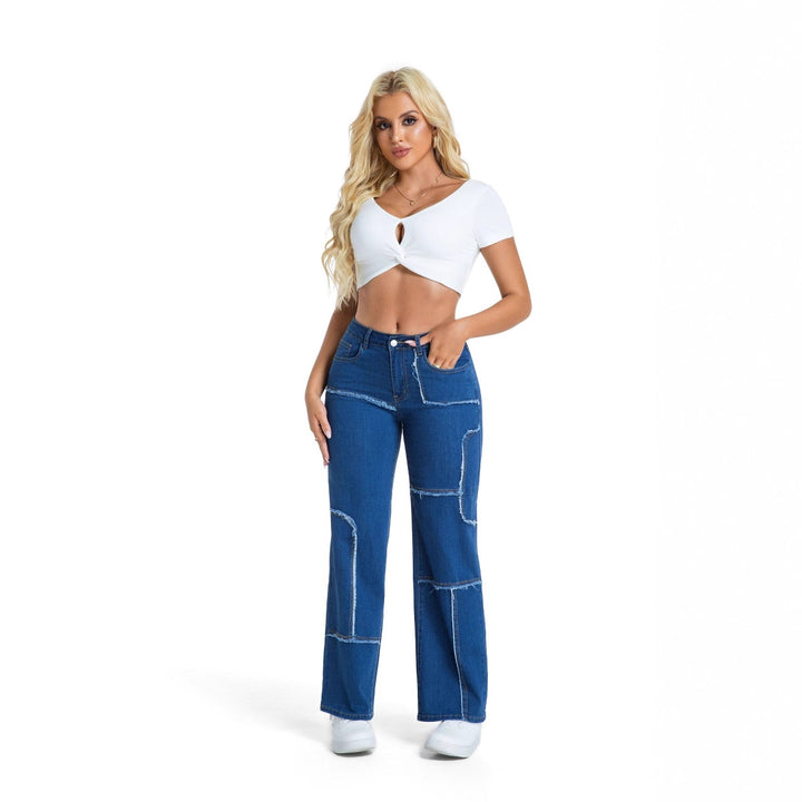 High-waisted flared jeans for women with textured design and decorative stitching Lune London
