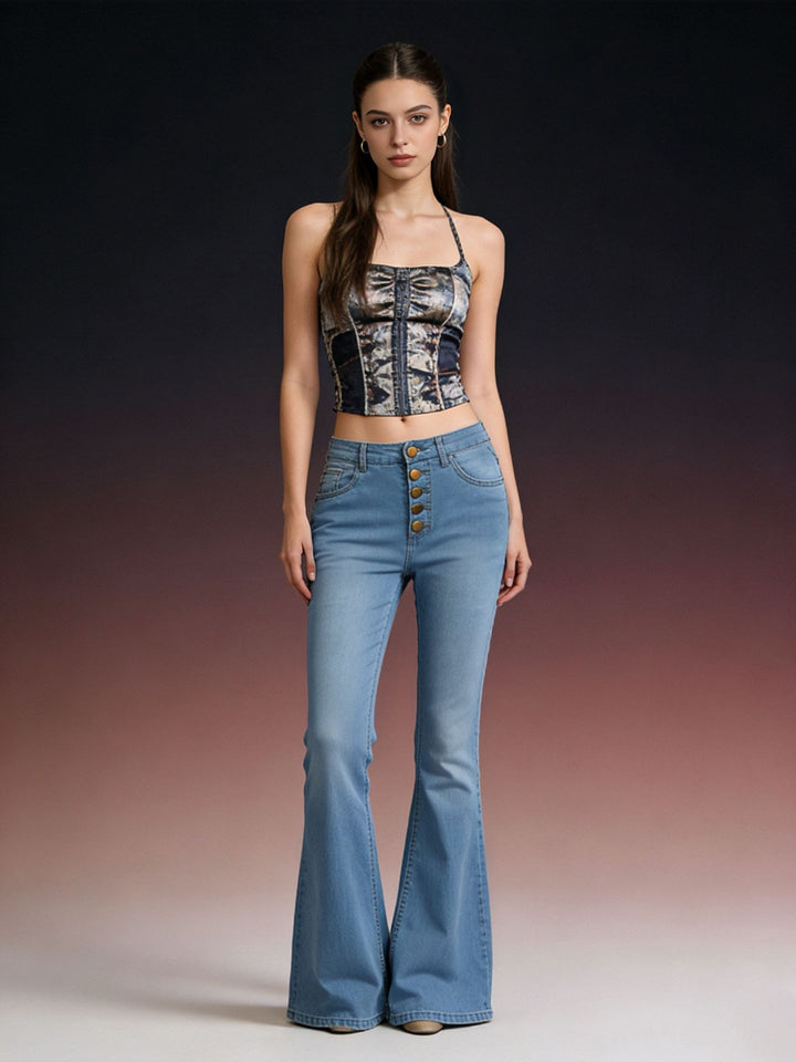 Women’s flared jeans with colorful button details and high waistband Lune London