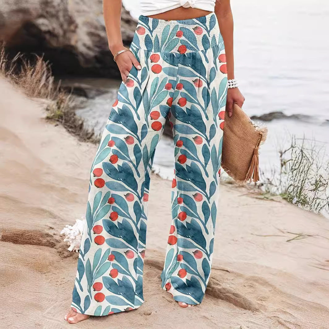 Loose summer pants for women with floral print and elastic waistband Lune London