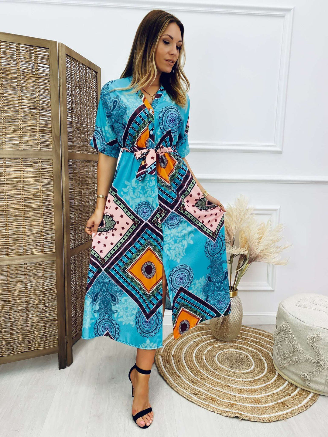 Maxi slip dress inspired by bohemian style for women with an elegant tie belt Lune London