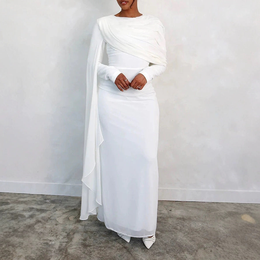 Women's Glamorous Long Sleeve Dress with Draped Top and Flowing Cut Lune London