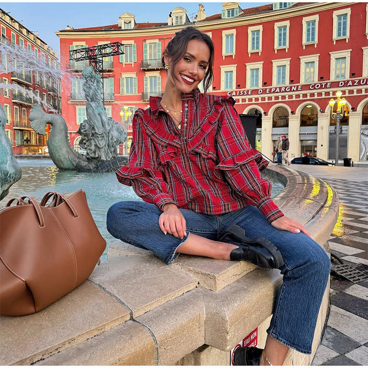 Women’s blouse with ruffle details and checkered pattern Lune London
