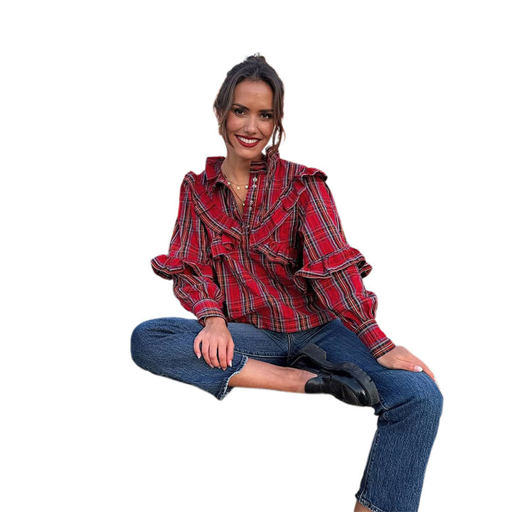 Women’s blouse with ruffle details and checkered pattern Lune London