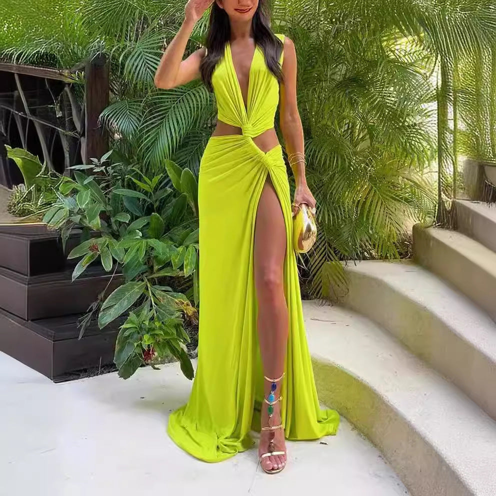 Women's Glamorous Maxi Dress with Knot Design and High Slit Lune London