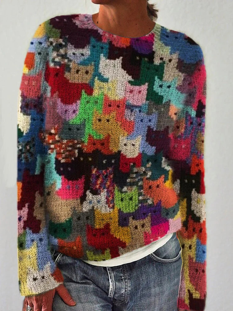Pull en tricot pour femmes avec un motif de chat ludique Chic & Stil