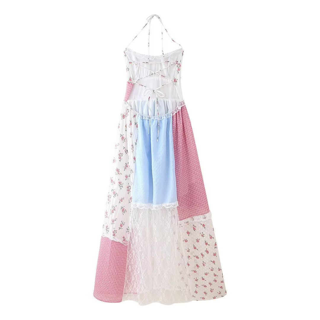 Maxi dress for women with a floral and checked patchwork look Lune London