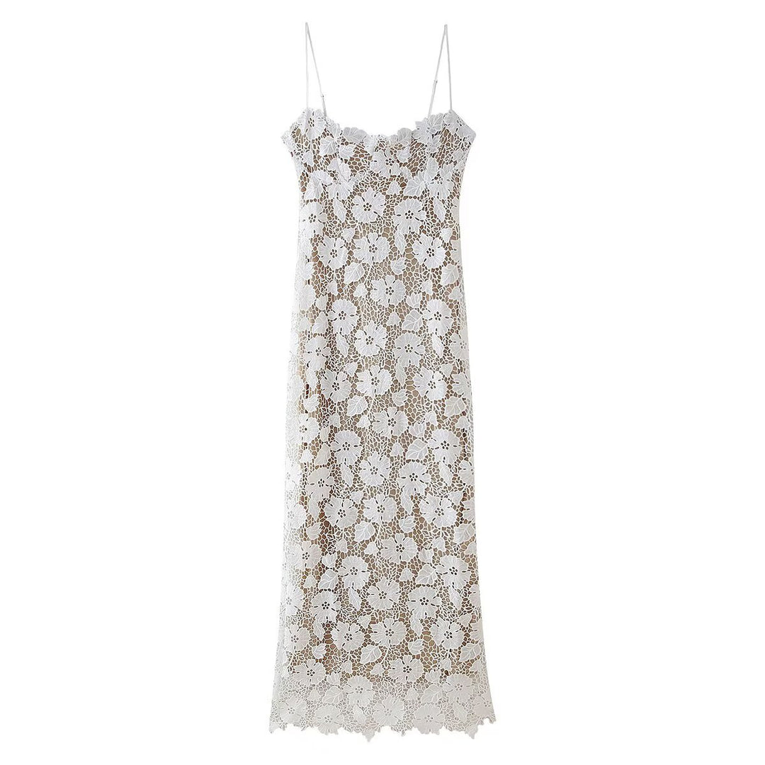 Lace dress for women with delicate spaghetti straps and a floral design Lune London