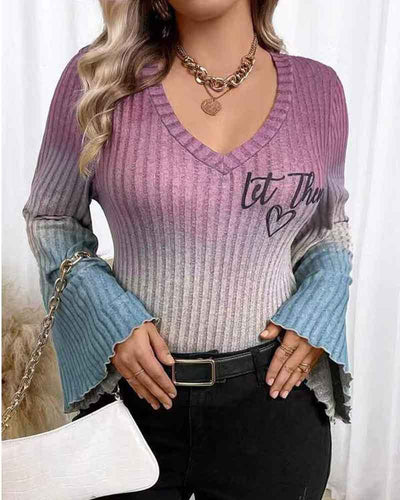 Ladies V-neck sweater with slightly flared sleeves and gradient Lune London