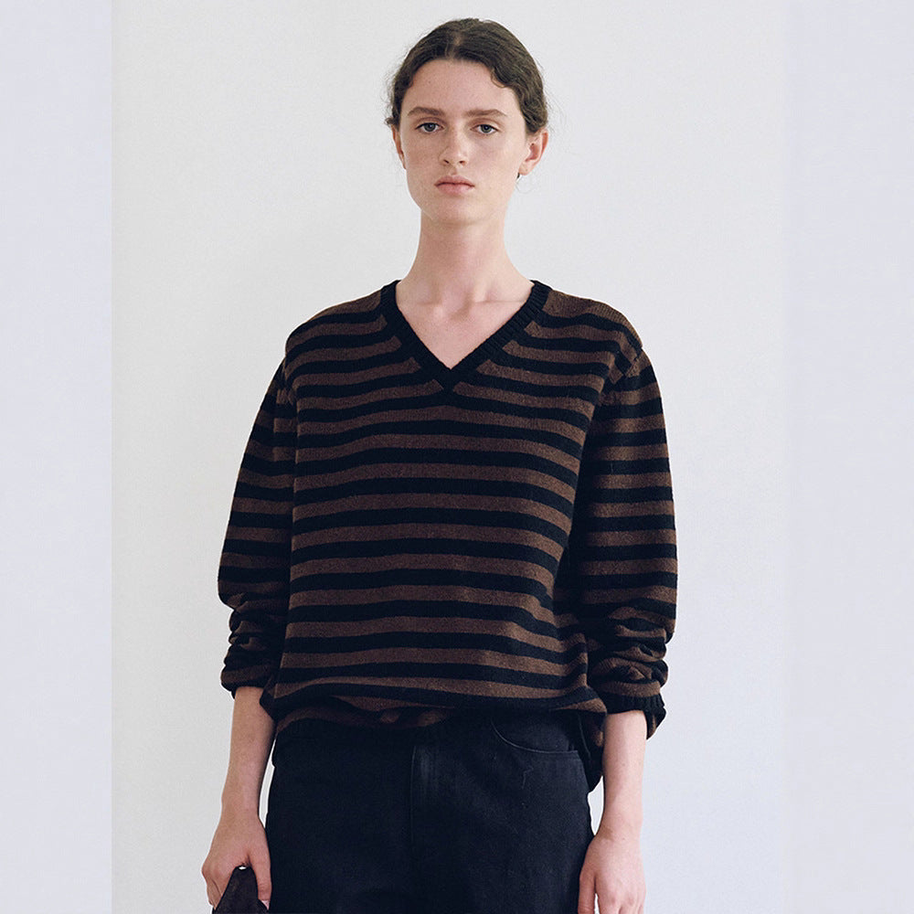 Pull femme à col en V avec motif rayé Chic & Stil
