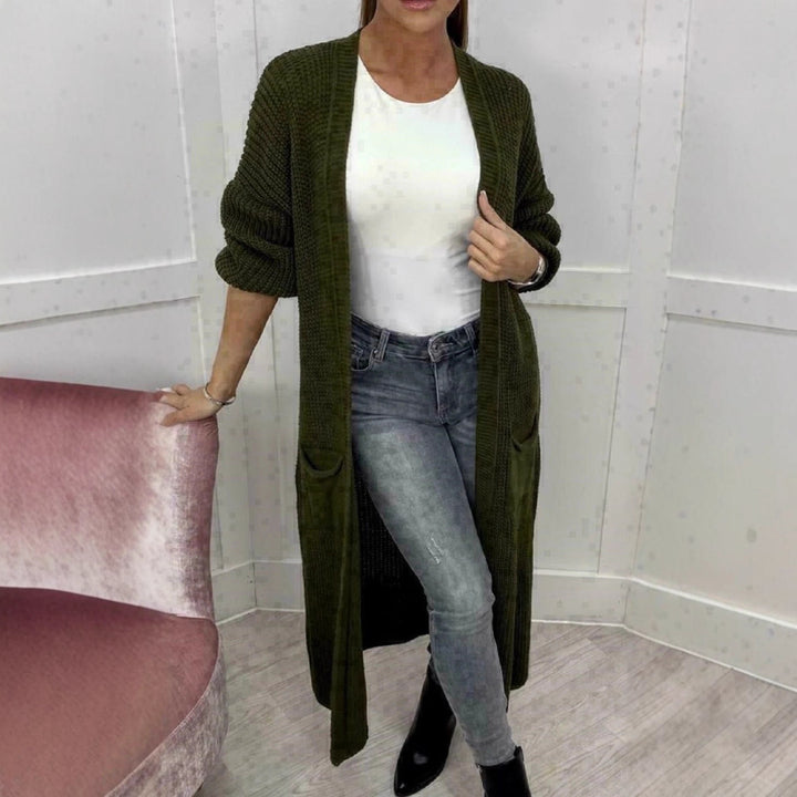 Ladies Long knitted cardigan with a textured knit look and practical pockets Lune London