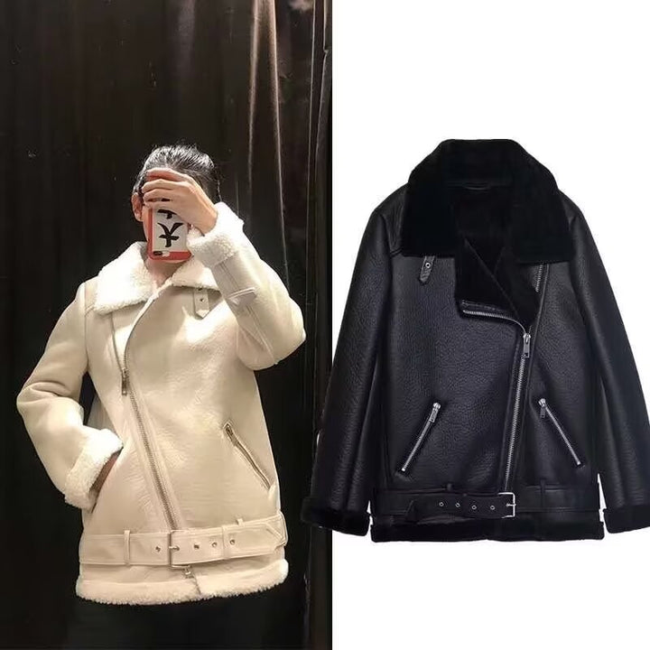 Casual faux leather jacket for women with warm lining and asymmetrical zips Lune London
