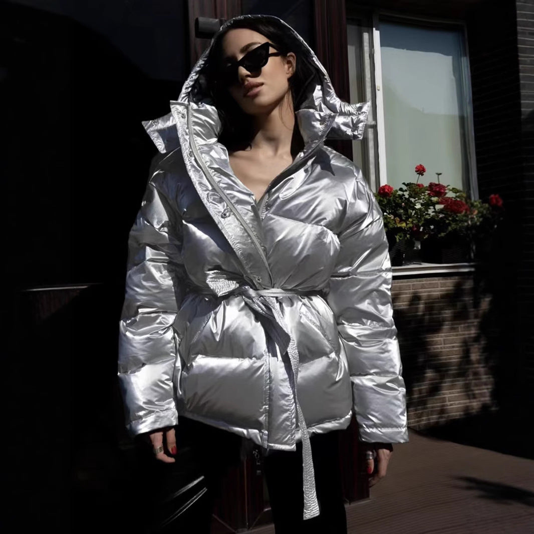 Ladies Shiny Winter Coat with Oversized Fit and Hood Lune London