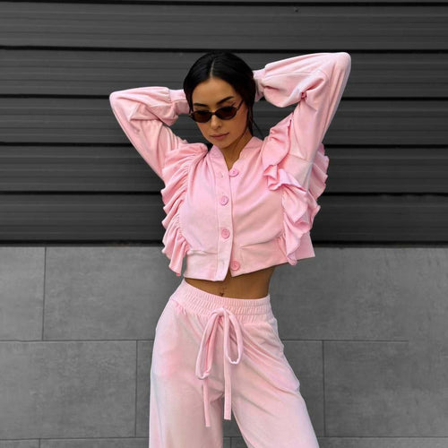 Ladies Comfortable Lounge Set with Chic Ruffle Details and Style