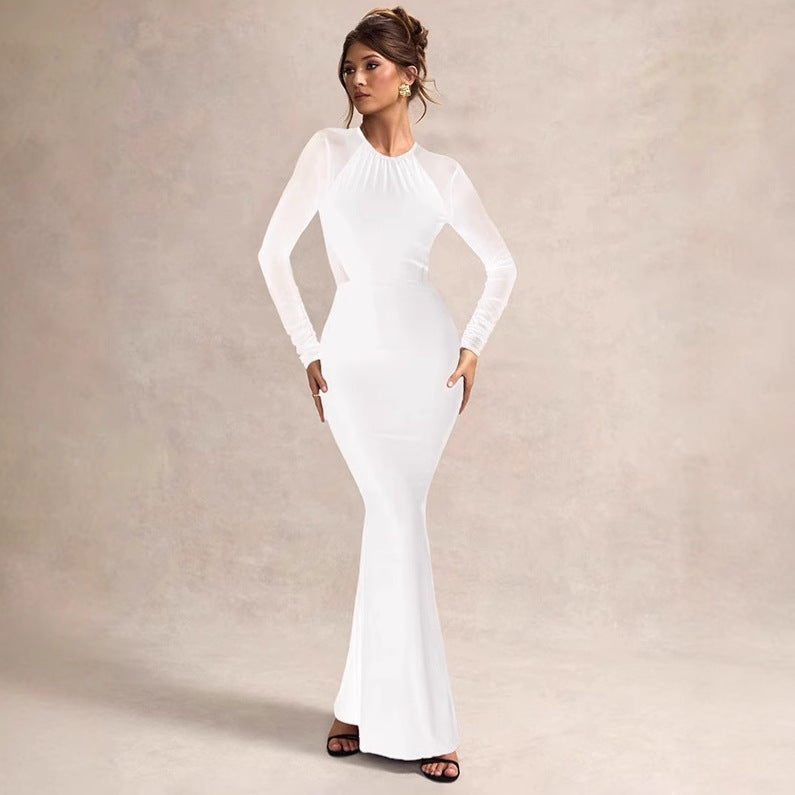 Elegant long bodycon dress for women with transparent sleeves and a refined cut Lune London