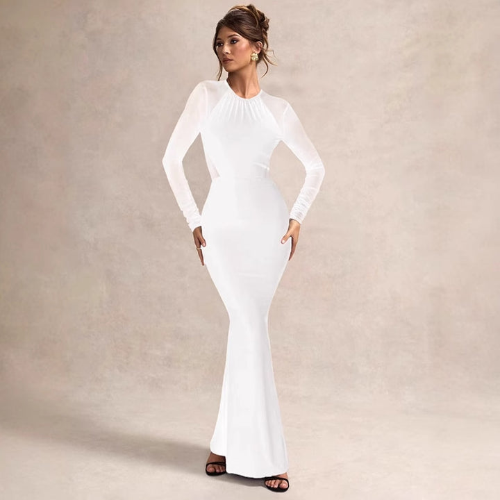 Elegant long bodycon dress for women with transparent sleeves and a refined cut Lune London