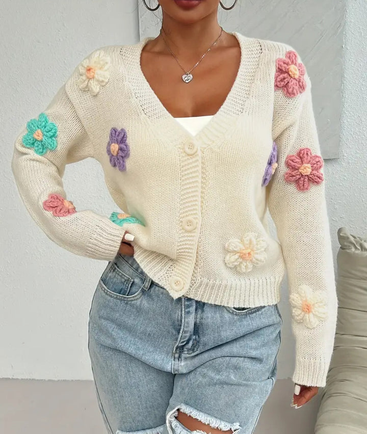 Ladies knit cardigan with hand-crocheted flower applications Lune London