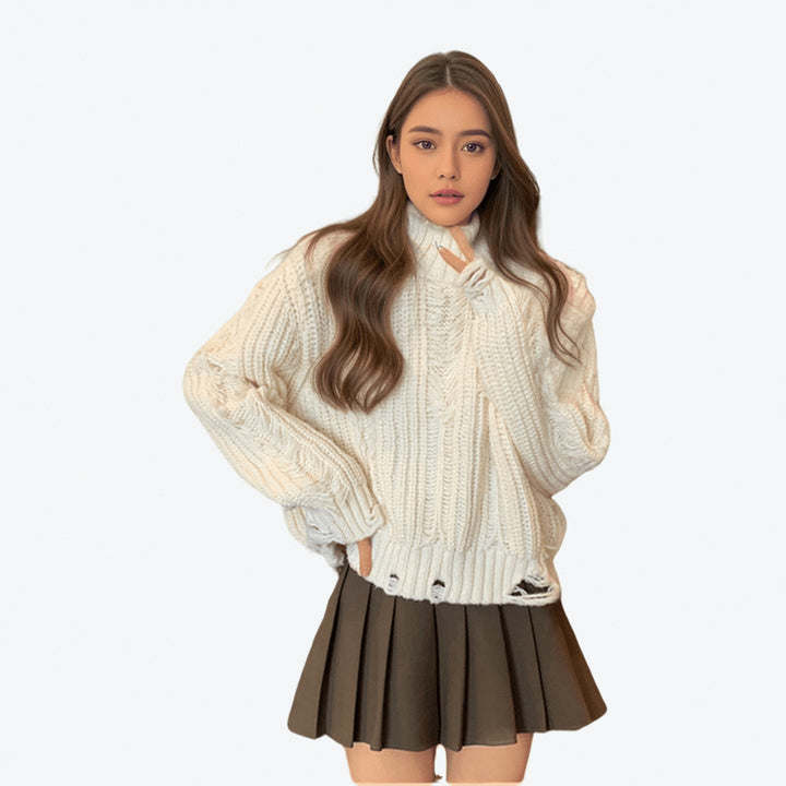 Women chunky knit sweater with high collar and structured design Lune London
