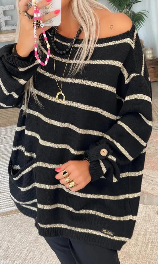 Oversized knit sweater for women with stylish stripes and practical pockets Lune London