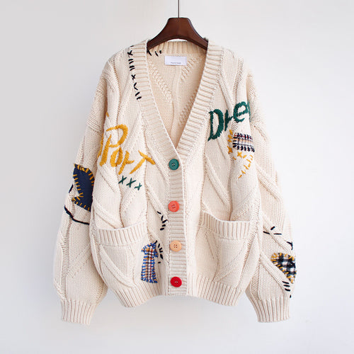 Women's knitted jacket with colorful buttons and unique embroidery patterns Lune London